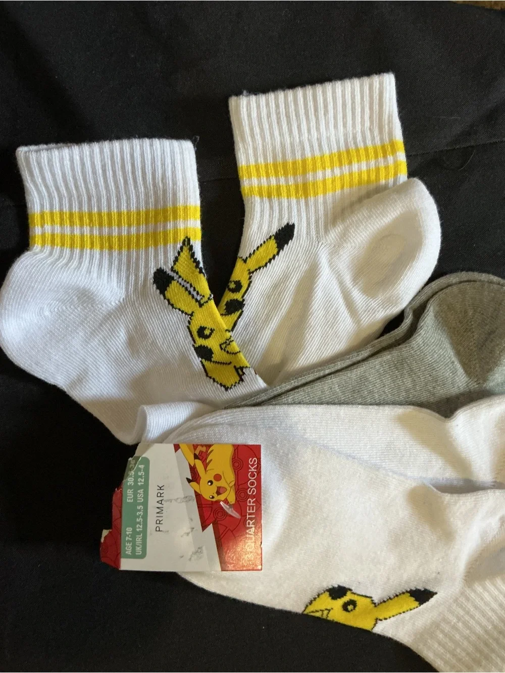 Pikachu Crew Socks Trio - White, Gray, Yellow nwt size 7- 10